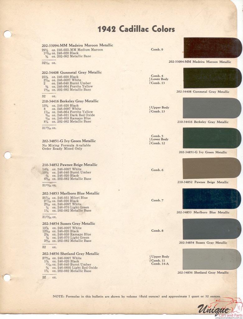 1942 Cadillac Paint Charts DuPont 1